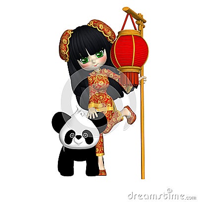 Little Asian Girl And Her Panda Posers Clipart Stock Photo