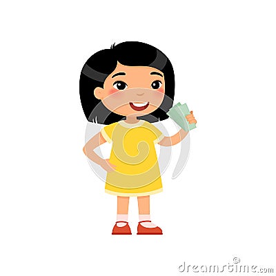 Little asian girl with money in hand flat vector illustration. Vector Illustration