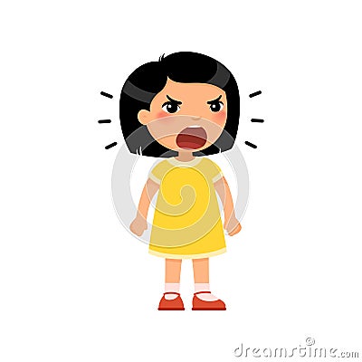 Little asian girl screams out loud, clenching her hands into fists. Ð¡hild shows bad behavior. Vector Illustration