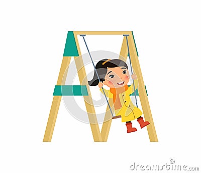 Little asian girl swing on a swing. Autumn holidays. Cute flat characters. Vector Illustration