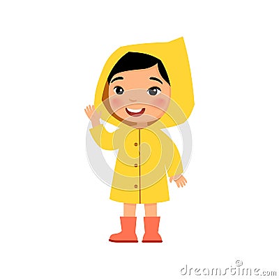 Little asian girl in a yellow raincoat smiles and waves a hand. Female child standing cartoon character. Vector Illustration