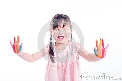 Little girl showing painted hand over white backgrou Stock Photo