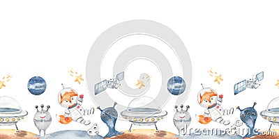 Watercolor seamless border space with little astronaut, fox, flying saucer, aliens, satellite, stars Stock Photo