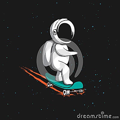 Little astronaut rides on skateboard Vector Illustration