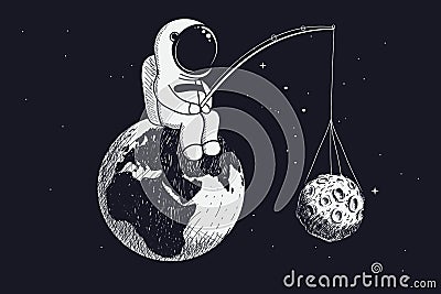 Little astronaut sits on the Earth and keeps Moon Vector Illustration