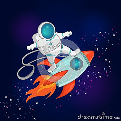 Vector Illustration of little astronaut surfer rides on spaceship through the space. Children`s wallpaper in the space style. Vector Illustration