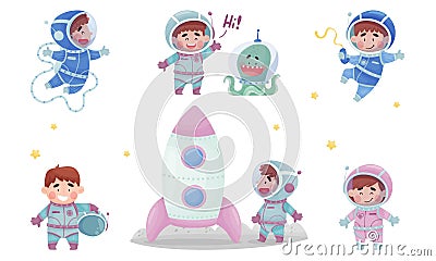 Little Astronaut Wearing Spacesuit Exploring the Moon Vector Illustration Vector Illustration