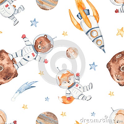 Space watercolor seamless pattern with little astronauts, fox, bear, rocket, planets, comet Stock Photo