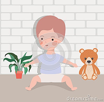 Little baby boy with bear teddy Vector Illustration