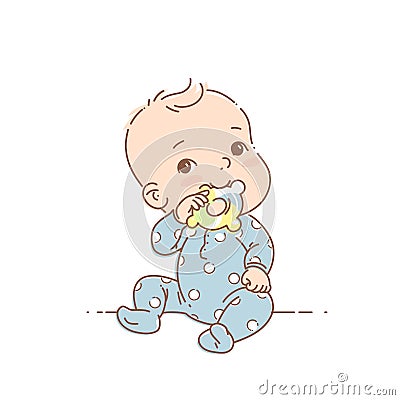 Little baby boy in blue pajamas sit, hold teething ring Vector Illustration