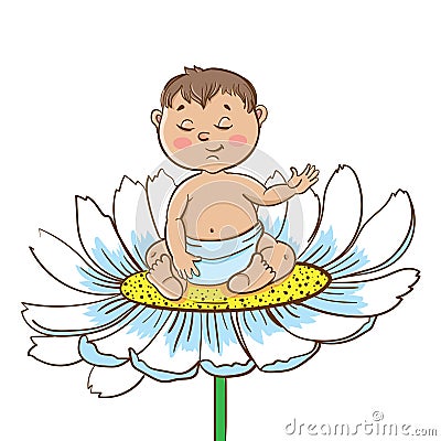 Little baby boy on chamomile Vector Illustration