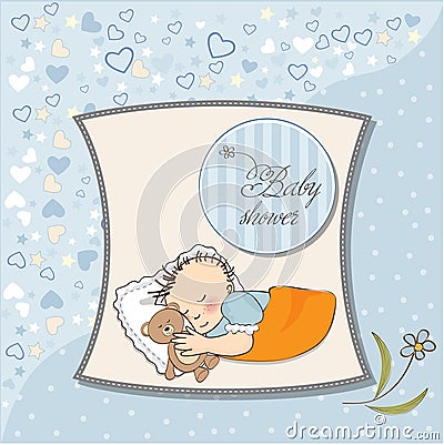 Little baby boy sleep with his teddy bear toy Vector Illustration