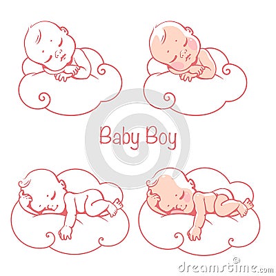 Newborn baby boys sleeping on white cloud. Vector Illustration