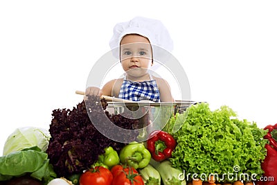 Little baby chef in pot Stock Photo