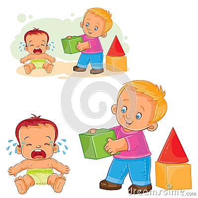 Little baby crying while an older brother wants to comfort him and gives his cube. Vector Illustration
