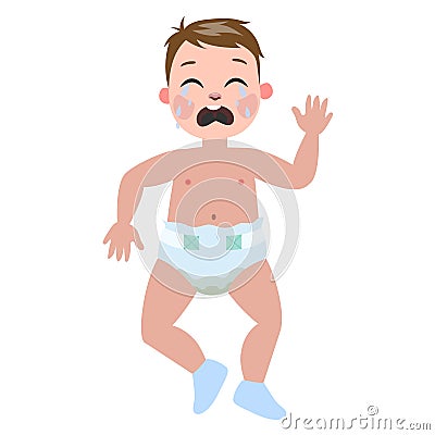 Little baby in the dirty diaper crying. Vector Illustration