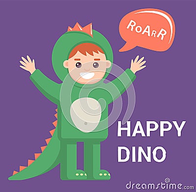 Little baby in dragon costume on purple background. cute boy with the image of a dinosaur. Cartoon Illustration