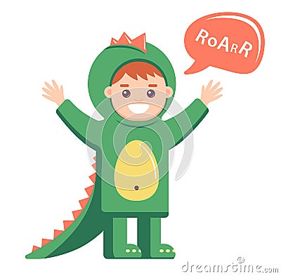 Little baby in dragon costume on white background. cute boy depicting dinosaur. Cartoon Illustration