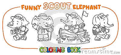 Little baby elephant. Scout. Coloring book set Vector Illustration