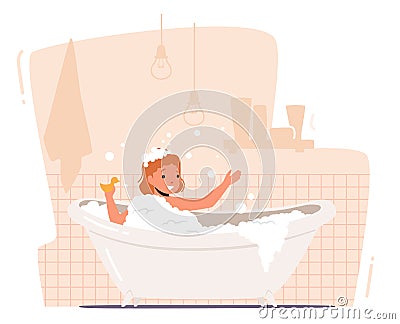 Little Baby Enjoying Bathing in Bathtub. Kid Character Evening Daily Routine. Child Washing in Bathroom with Toy Duck Vector Illustration