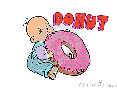 little baby favorite cute baby eating a donut Vector Illustration