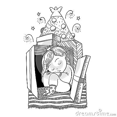 A Little baby girl with crown sleeps inside the gift box near th Vector Illustration