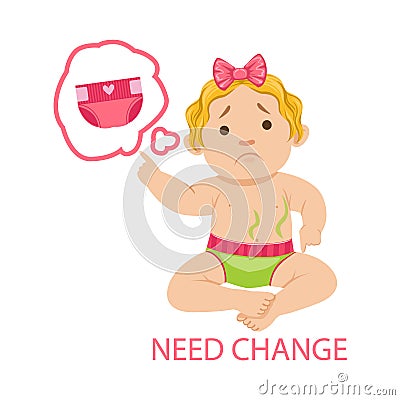 Little Baby Girl In Dirty Nappy Needs Change, Part Of Reasons Of Infant Being Unhappy And Crying Cartoon Illustration Vector Illustration