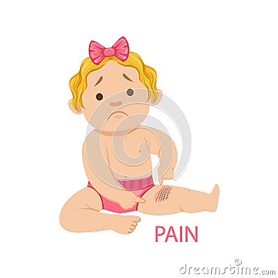 Little Baby Girl In Nappy Having Pain From A Scratch, Part Of Reasons Of Infant Being Unhappy And Crying Cartoon Vector Illustration
