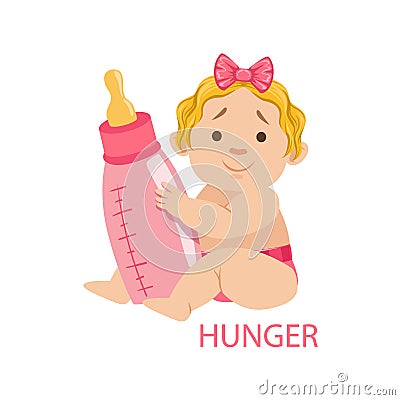 Little Baby Girl In Nappy Holding A Bottle Being Hungry, Part Of Reasons Of Infant Being Unhappy And Crying Cartoon Vector Illustration