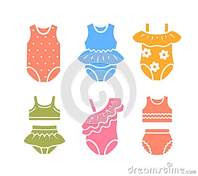 Little baby girl swimsuits color silhouette icons Vector Illustration