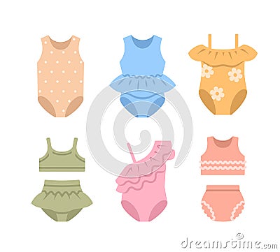 Little baby girl swimsuits colorful flat icons Vector Illustration