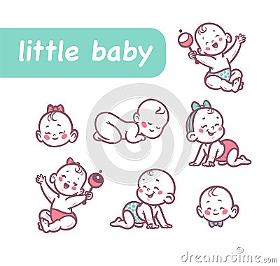 Little baby infants boys and girls characters sitting, playing with rattle, crawling, sleeping, smiling isolated on white backgrou Vector Illustration