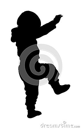 Little baby learning to walking vector silhouette. First steps in life. Kid play in kindergarten. Child learns to walk alone. Stock Photo