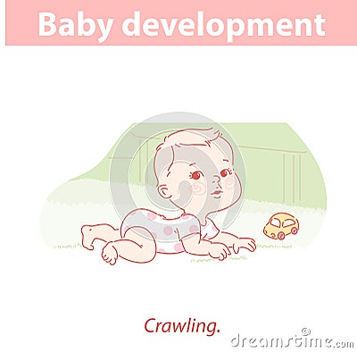 Little baby lying, crawling on carpet. Baby playing on floor. Vector Illustration