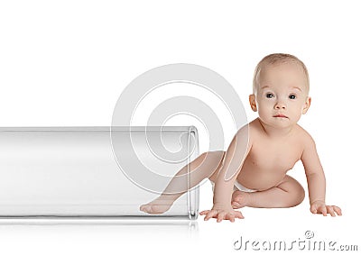 Little baby and test tube on background Stock Photo