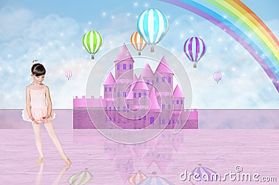 Little balerina in front of a pink fairy castle Stock Photo