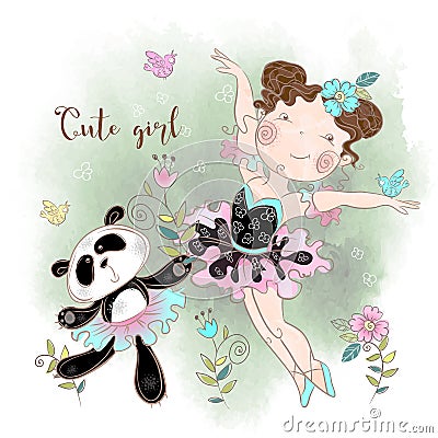 Little ballerina dancing with Panda ballerina. Cute girl. Inscription. Vector illustration Cartoon Illustration