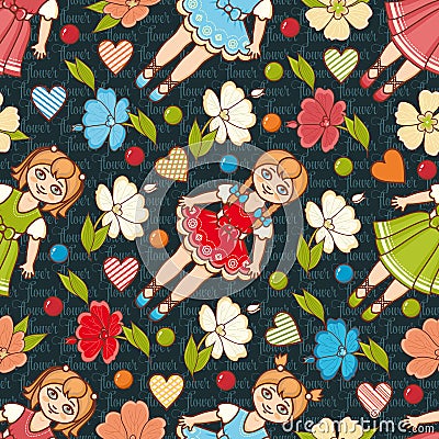 Little Ballerina and Flower. Cartoon style. Seamless pattern. Baby Doll. Vector Illustration