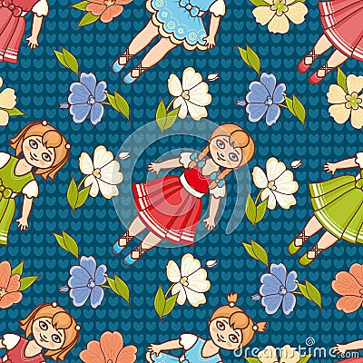 Little Ballerina and Flower. Cartoon style. Seamless pattern. Baby Doll. Vector Illustration