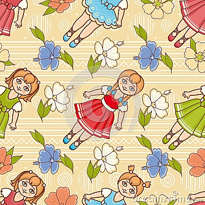 Little Ballerina and Flower. Cartoon style. Seamless pattern. Baby Doll. Vector Illustration