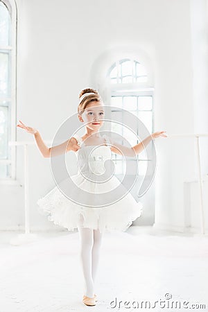 Little ballerina girl in a tutu. Adorable child dancing classical ballet in a white studio. Stock Photo