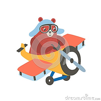 Little bear on airplane flat vector illustration. Happy small grizzly flying on aircraft. Aviating cartoon mammal Vector Illustration