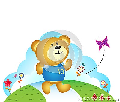 Little bear chasing butterfly Vector Illustration