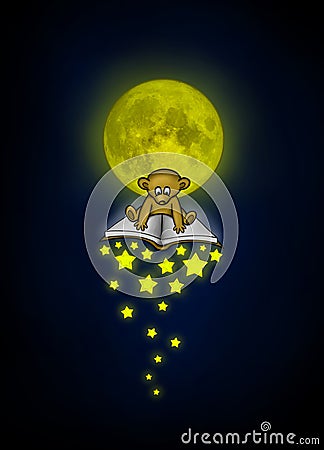 Little bear flies on a magical book with a falling stars illuminated by the moonlight Stock Photo