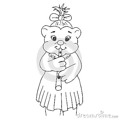 Little bear girl playing the flute Cartoon Illustration