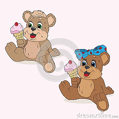 Little bears girl and boy sit and hold the ice cream Vector Illustration