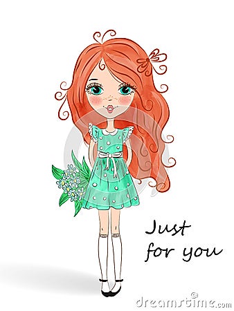 Little beautiful cute red-haired girl. Vector Illustration