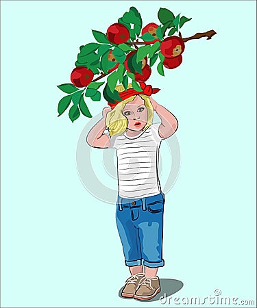Little beautiful girl under the apple tree branch Vector Illustration