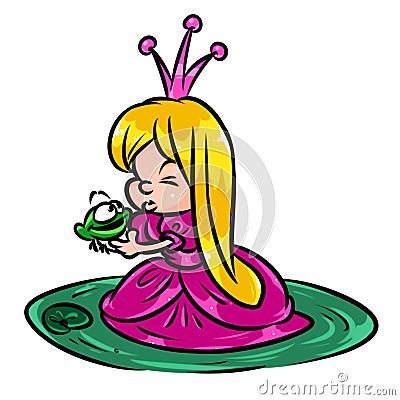 Little beautiful princess girl kissing frog tale cartoon Cartoon Illustration