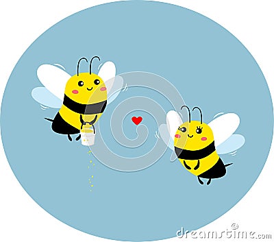 Little bees are circling in the sky and holding bits of honey, confessing their love to each other. Vector Illustration